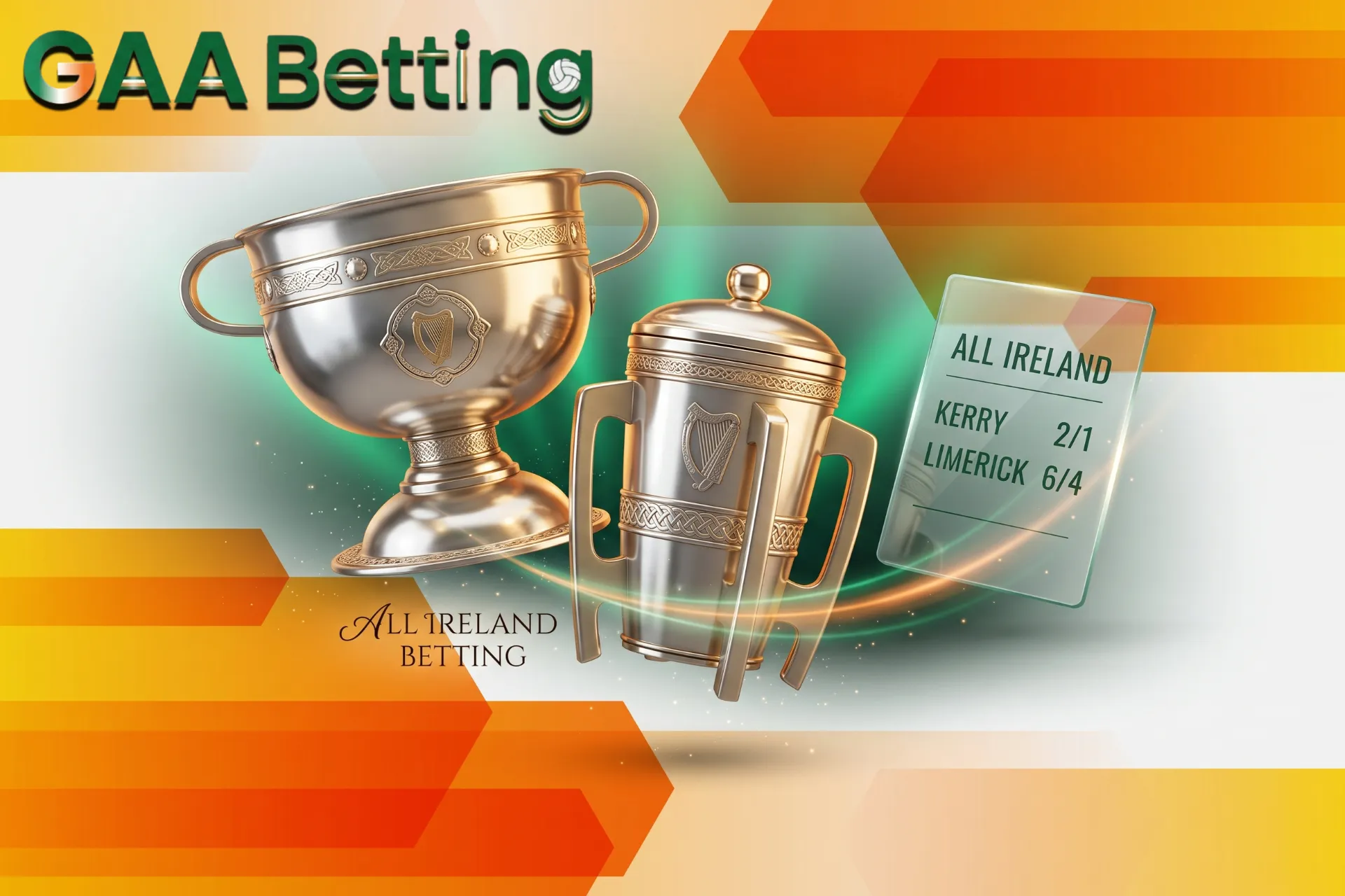 All-Ireland Championship tournament betting and outright odds, displayed with prestigious silver trophy cups and a glowing glass betting card.