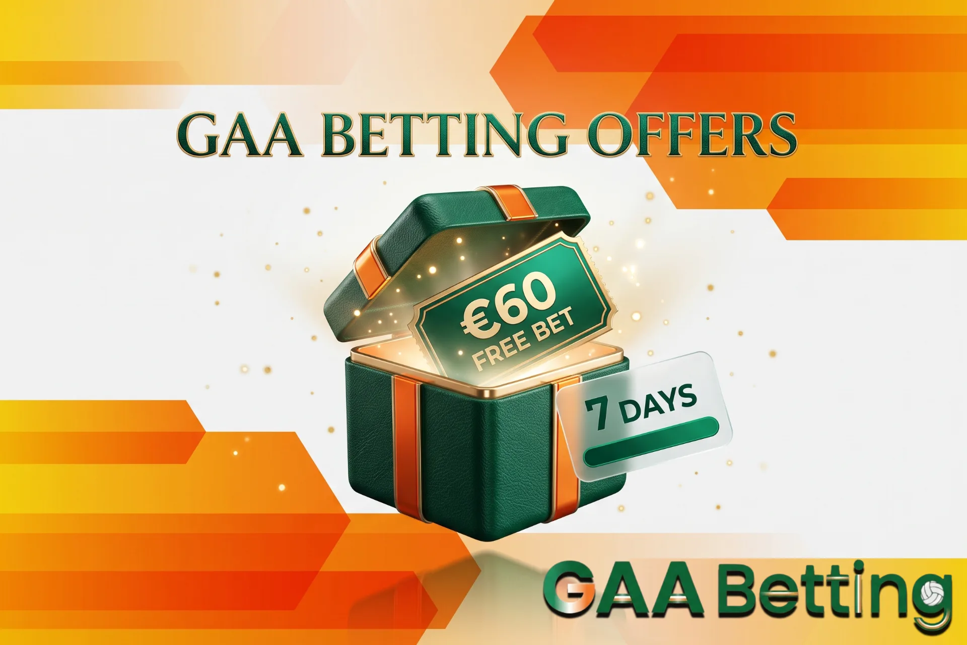 Lucrative Gaelic sports betting promotions and free bets, highlighted by an open green and orange gift box with a glowing sixty euro voucher card.